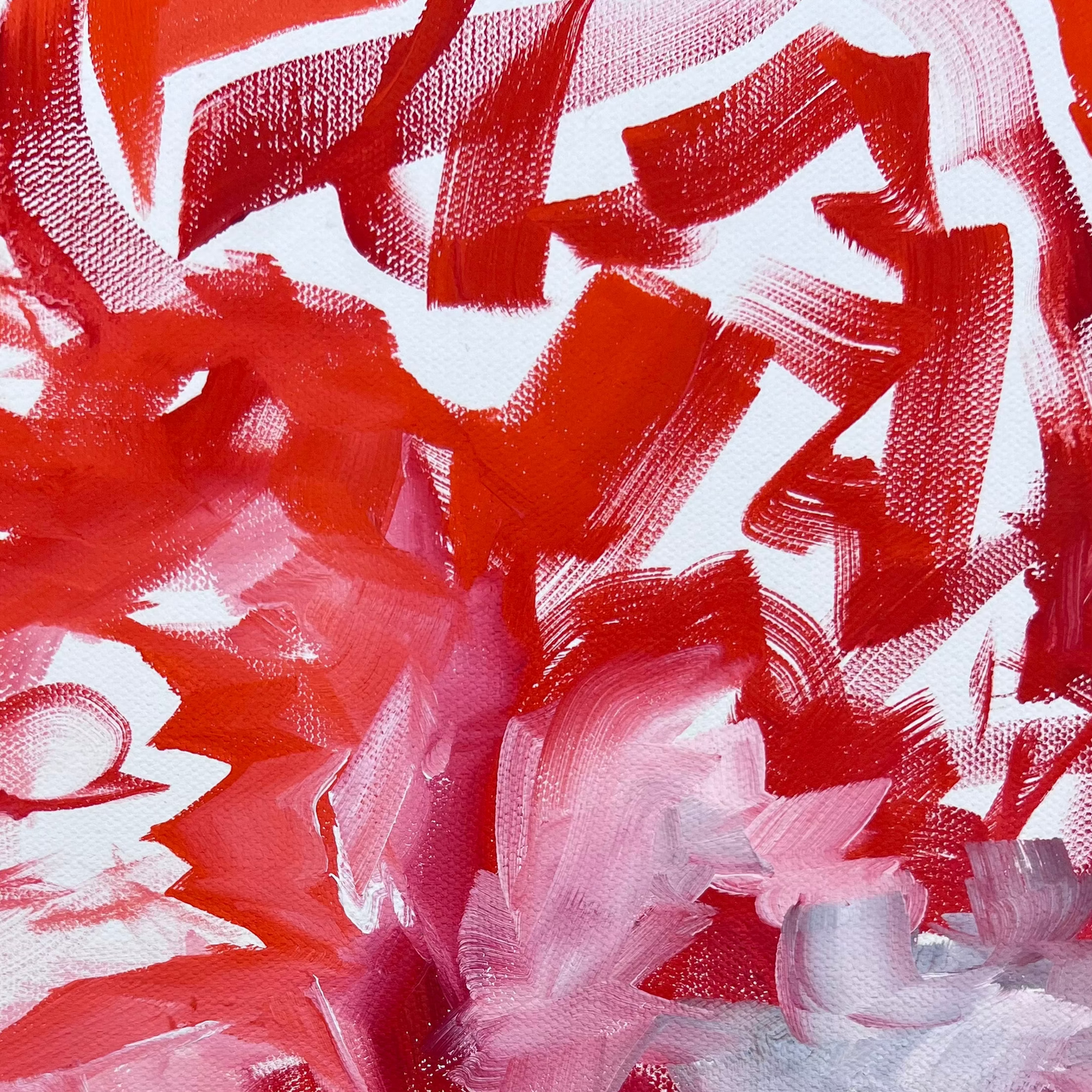 This original non-objective abstract oil painting by Appalachian artist Leah Naomi features fast and moving gestural strokes with bright cadmium red. Raw canvas shows through in this zen calligraphy inspired painting measuring sixteen by twenty inches. Wired and ready for display.