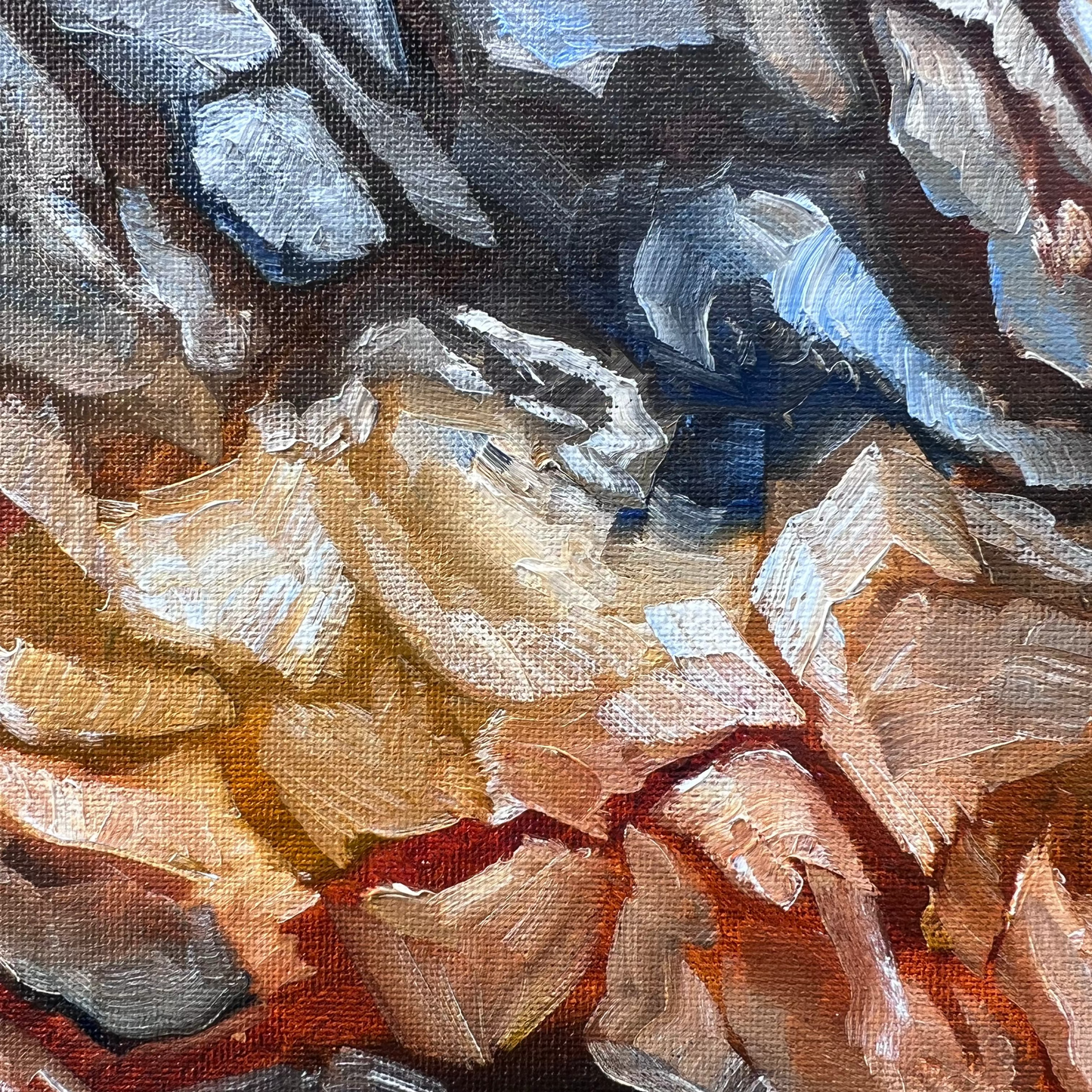 Dramatic gestural lines of forest and branching like forms grace this earth-toned abstract alla prima painting. Tonality created by white tint, visible brush strokes create texture and interest. Petite in size measuring twelve inches by sixteen inches, its scale is versatile for many spaces and neutral coloration make it adaptable.