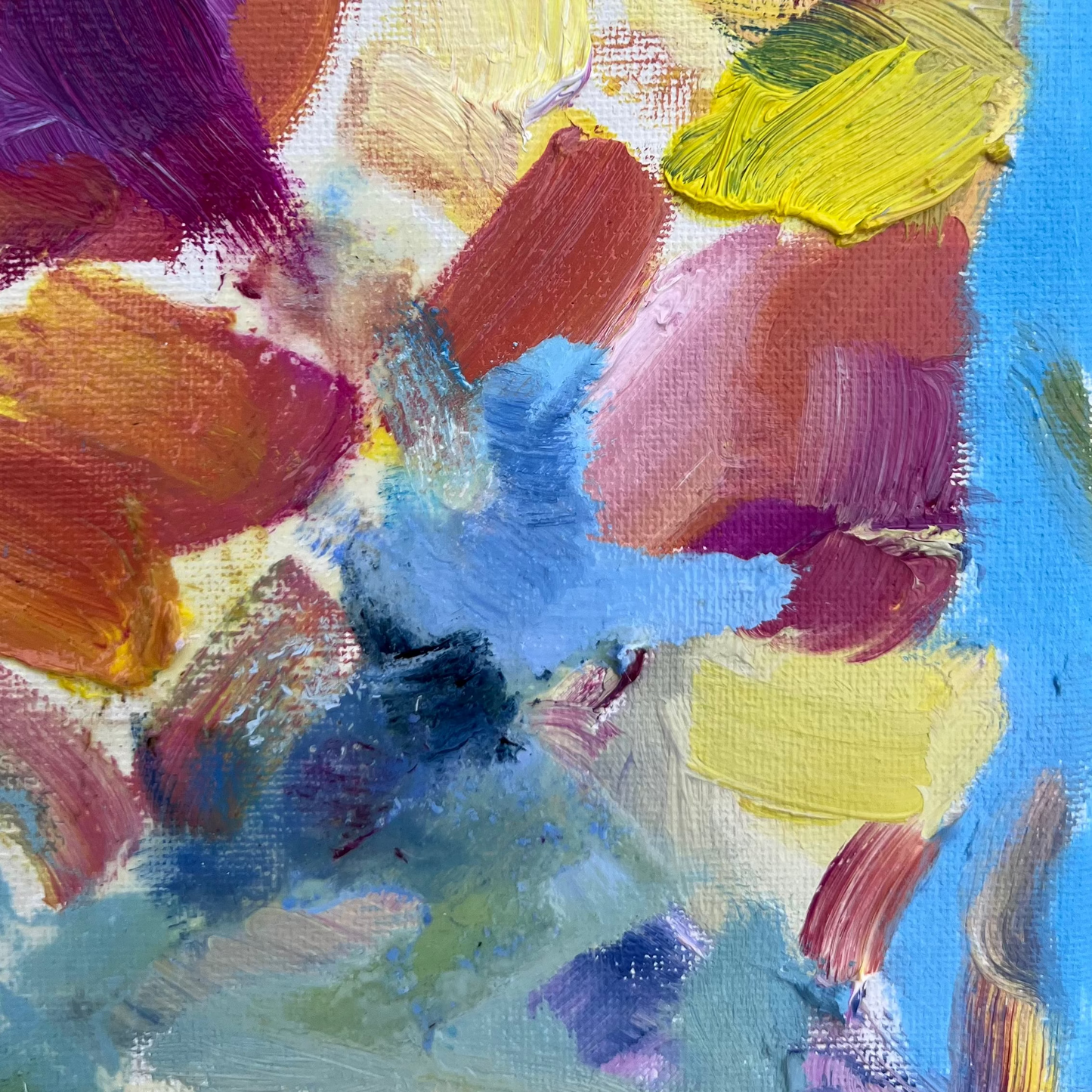 Bright blue, textural brushstrokes and blending colors create interest in this non-objective abstract oil painting.