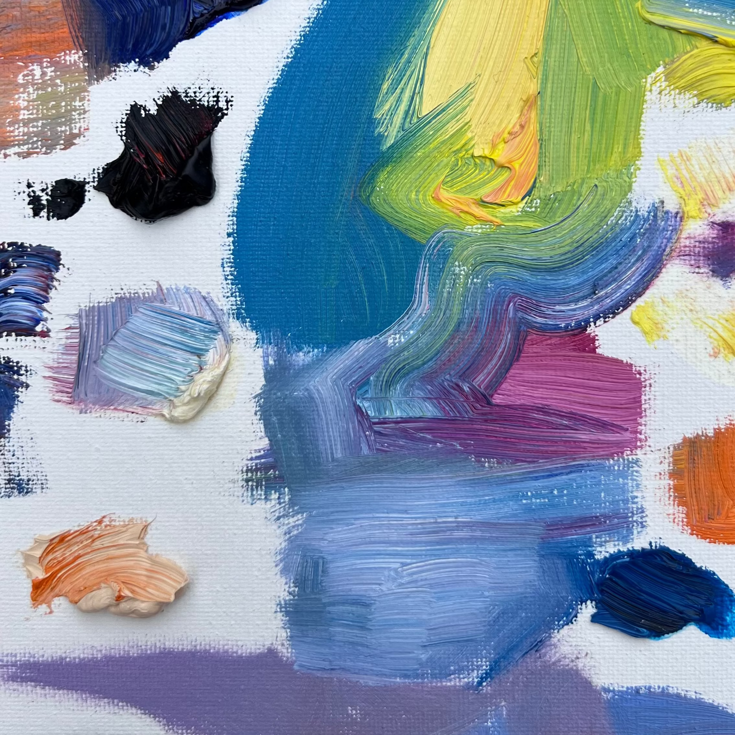 Small Horizontal non-objective abstract oil painting measuring 10 inches by 20 inches. Wired and ready to display in any space. Bright oranges, blues and a variety of colors are featured throughout the entire composition. Detail features bright yellow, pale blue and dark navy. Lots of texture, with visible brush strokes and globs of paint showing that this piece originally served as a palette.