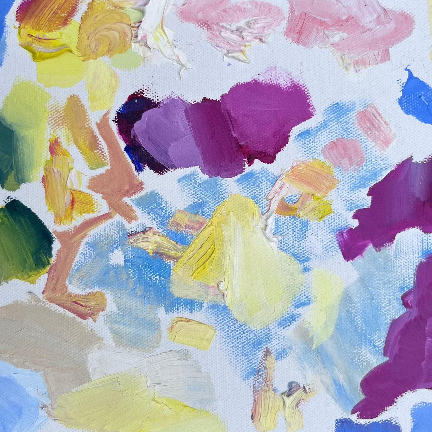 original non-objective abstract oil painting art piece. Purple, blue, yellow vibrant colors with visible brush strokes and detail. white canvas background surrounds and adds texture.