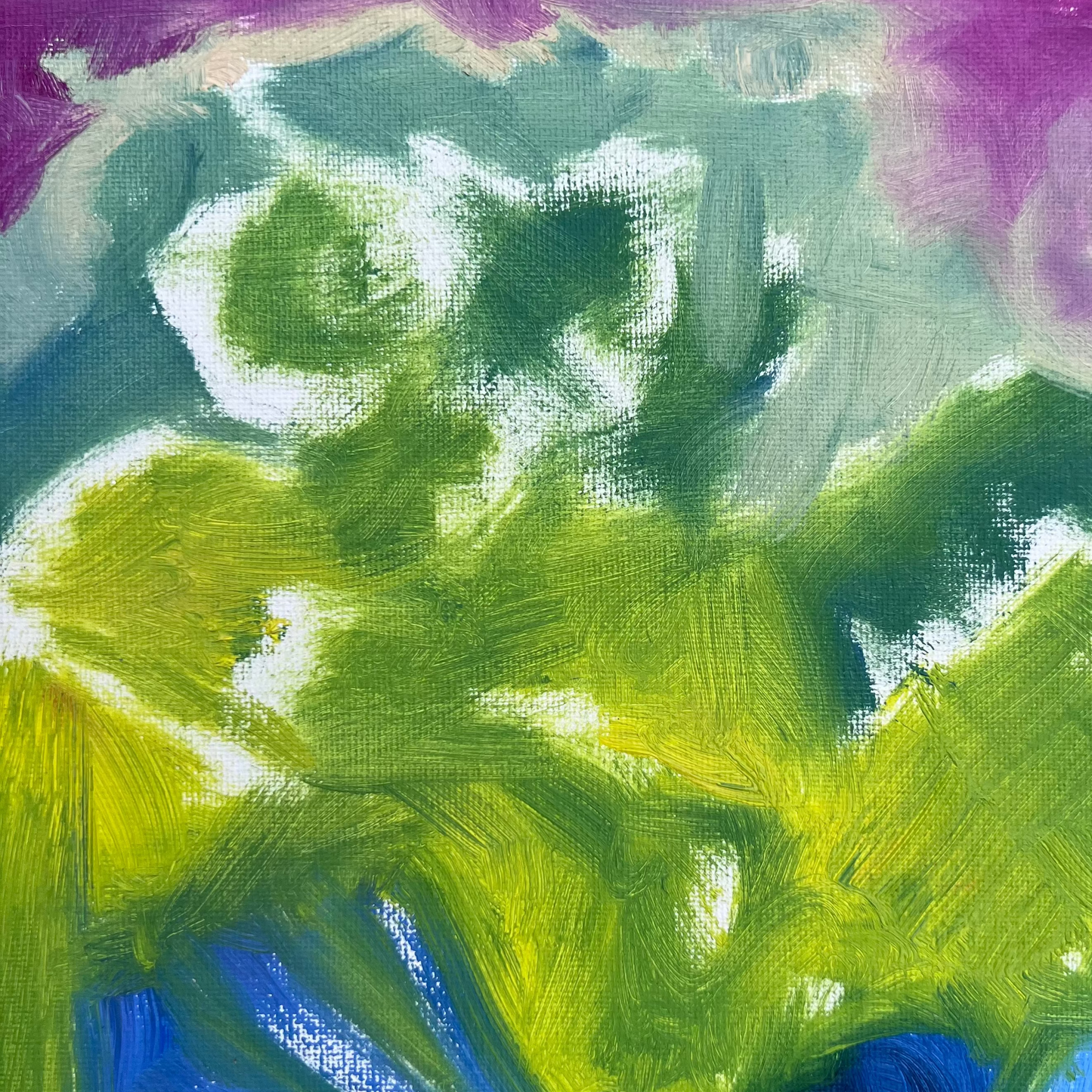 close-up detail featuring the textural brushstrokes of this simple and small abstract landscape painting.