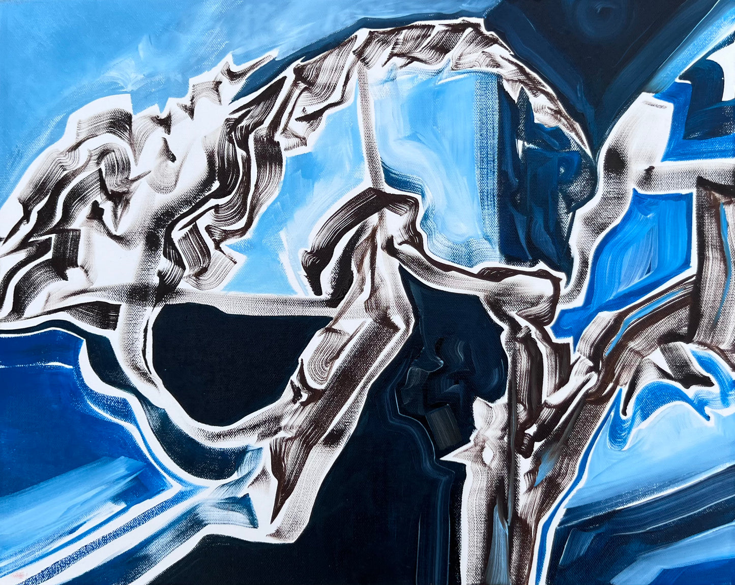 Bold contrasting lines create a gestural dance across the composition of this non-objective abstract by Kentucky artist Leah Naomi. Dark navy infill creates a depth and play of form with the smoke-like lines filling the piece. Wired and ready to display, this piece measures 16 x 20 inches and is on a sturdy canvas with an inch and a half depth