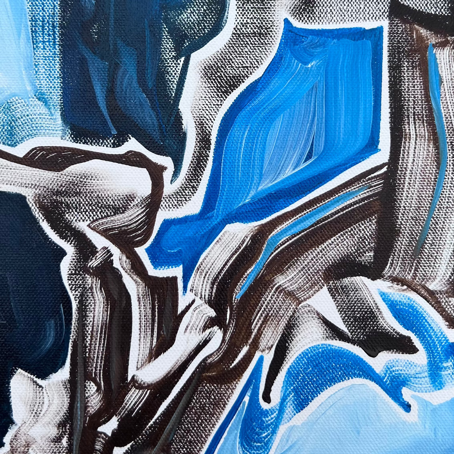 Beautiful cool blues highlight the space between the gestural lines on this non-objective abstract oil painting by central Kentucky artist Leah Naomi. This piece features contrast with the bright white canvas showing through and highlighting the movement of the gestural forms creating the composition.