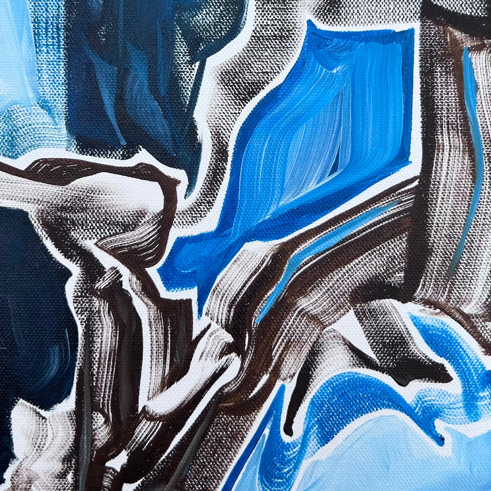 Beautiful cool blues highlight the space between the gestural lines on this non-objective abstract oil painting by central Kentucky artist Leah Naomi. This piece features contrast with the bright white canvas showing through and highlighting the movement of the gestural forms creating the composition.