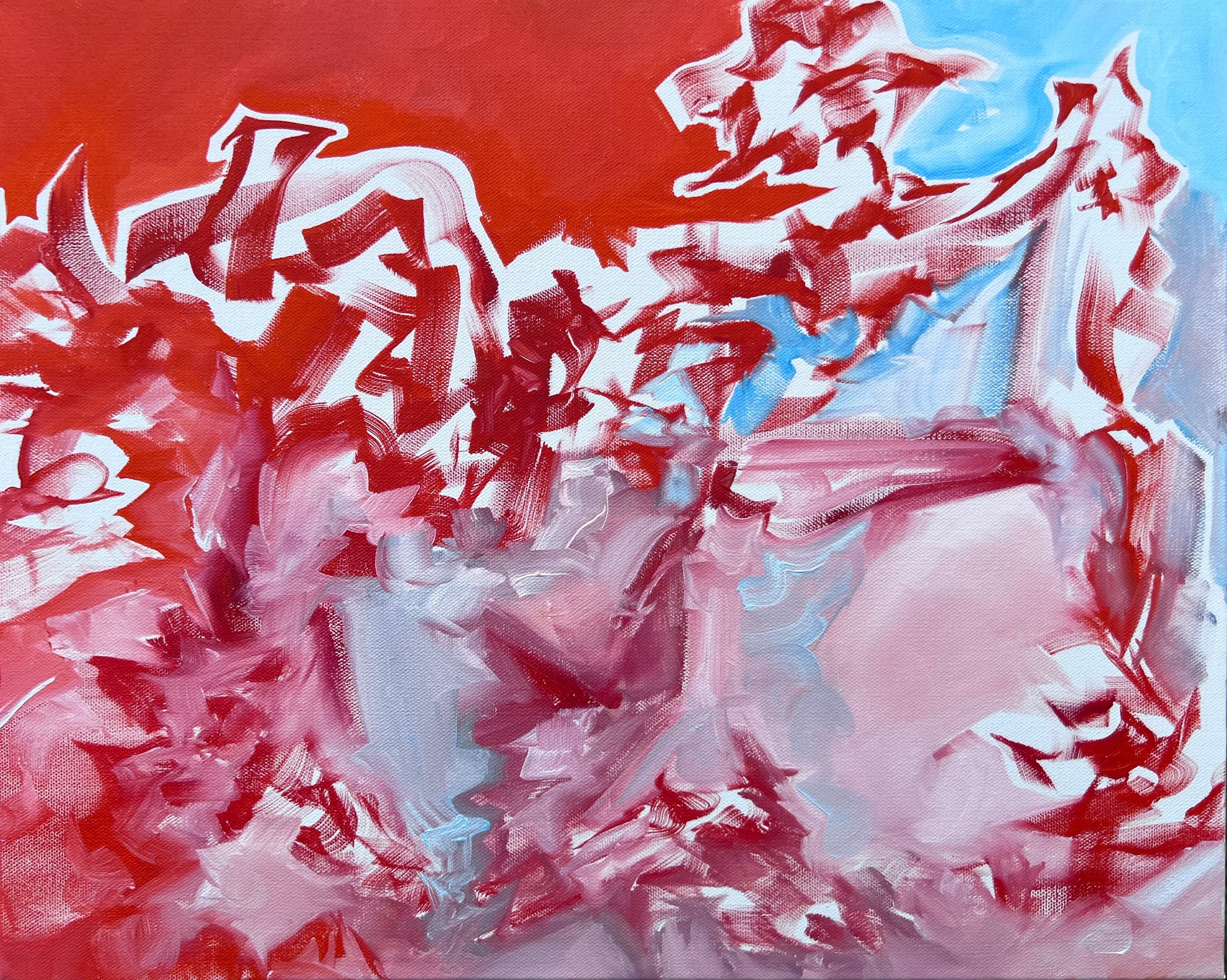 Original non-objective abstract painting by American artist Leah Naomi featuring bright red and light blue pigment. Wired and ready to display, this medium painting is fit for many spaces. 