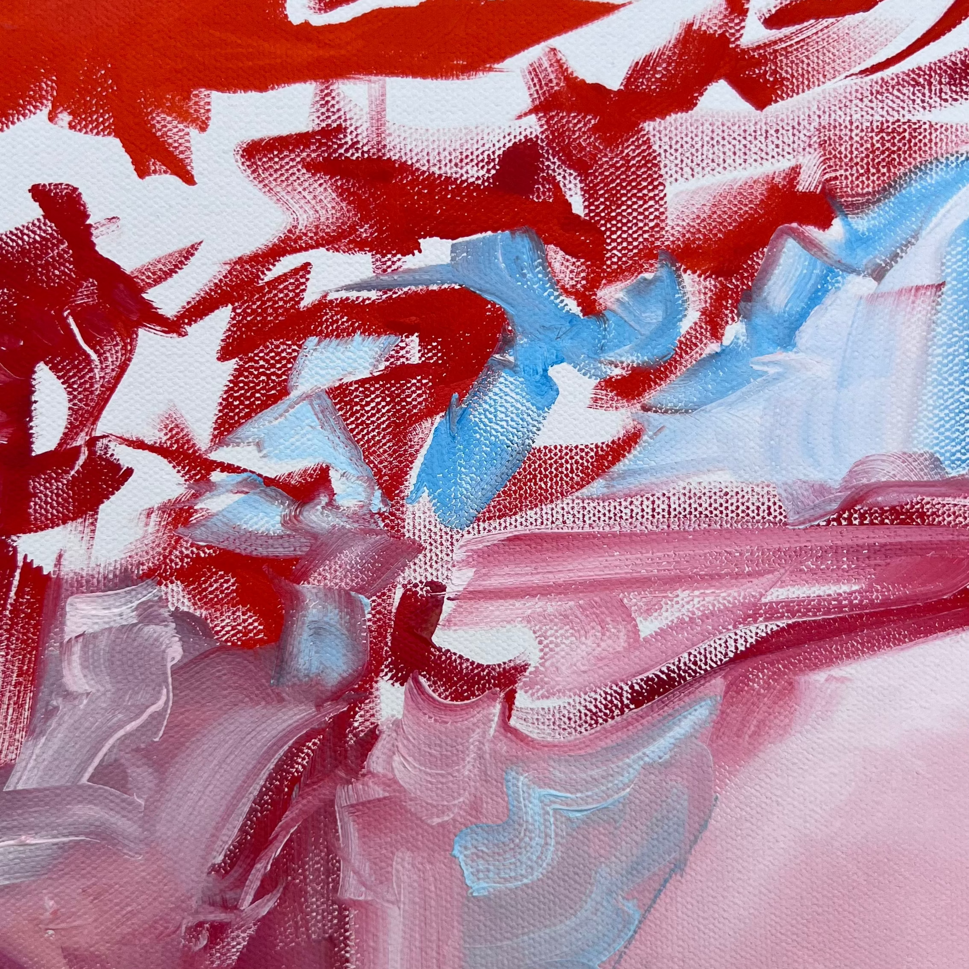 Inspired by zen calligraphy and the study of the subconscious mind. This original oil painting contains quick, moving, gestural lines of red and blue mixing and blending together to create a dynamic and eye catching composition. White canvas shows through bringing bright light and texture. 
