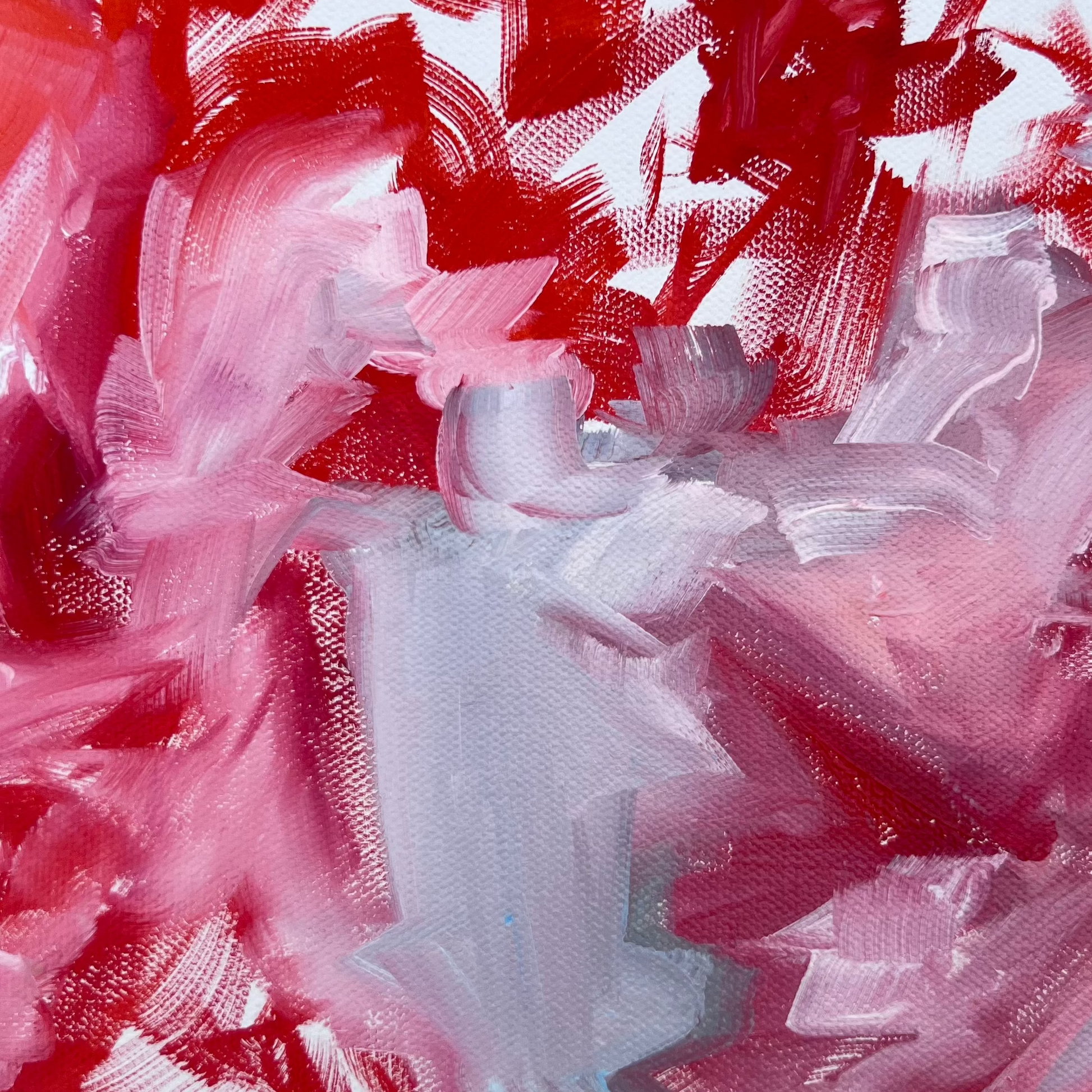 Vibrant red brushstrokes create detail and interest in gestural moving strokes. White and blue grey mix creating cloudy or smokey qualities in this medium original oil painting. 