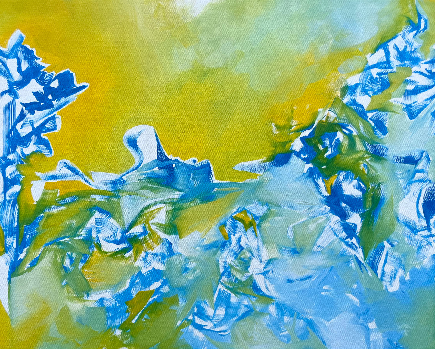 Soften yet bold gestural lines fill the composition of this non-objective abstract oil painting by Appalachian American artist Leah Naomi in central Kentucky. Featuring bright yellow and blue, the lines and forms of this painting were completed in a single session and are softened by white. Medium in scale this piece measures sixteen by twenty inches and is wired for display. 