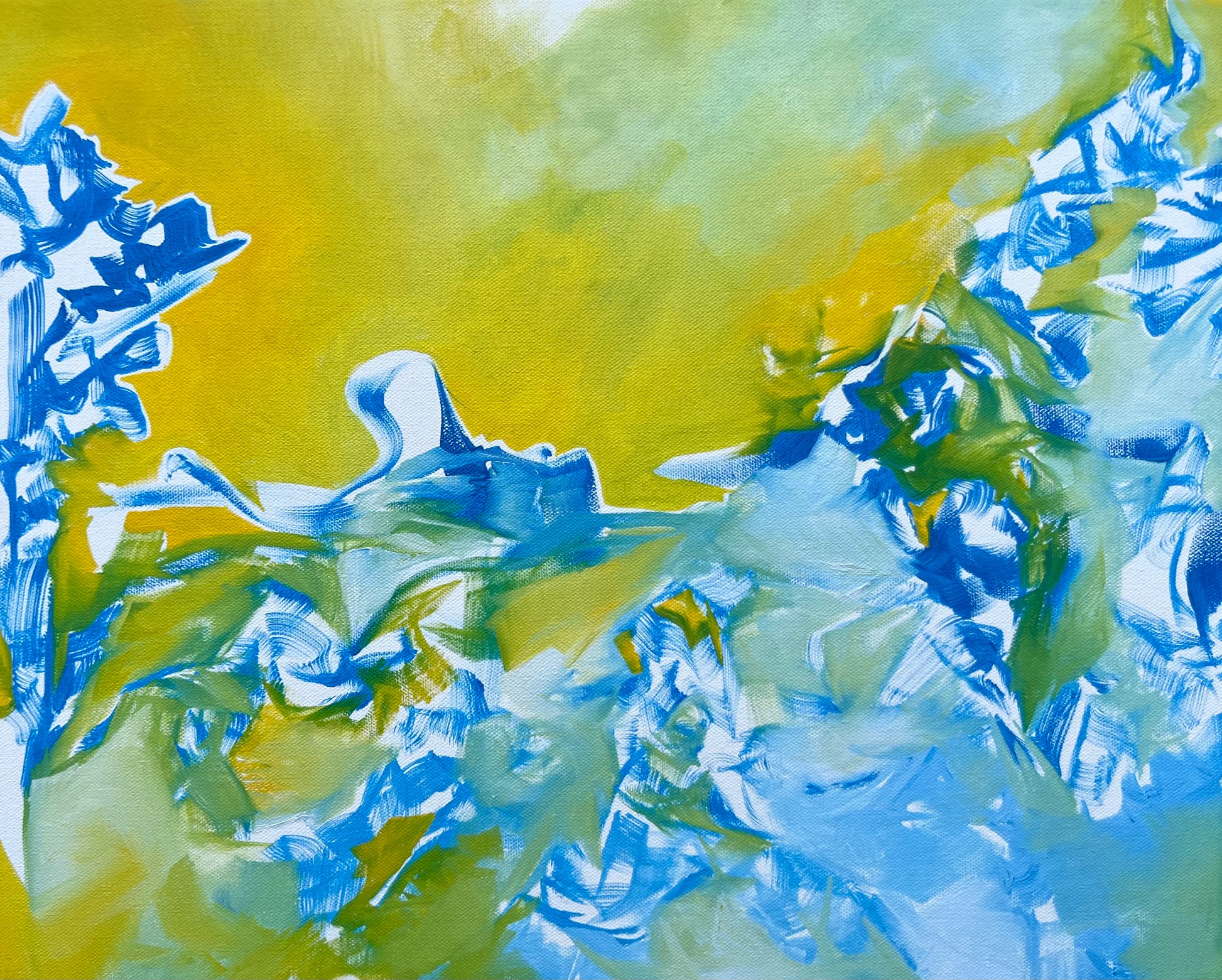 Soften yet bold gestural lines fill the composition of this non-objective abstract oil painting by Appalachian American artist Leah Naomi in central Kentucky. Featuring bright yellow and blue, the lines and forms of this painting were completed in a single session and are softened by white. Medium in scale this piece measures sixteen by twenty inches and is wired for display. 