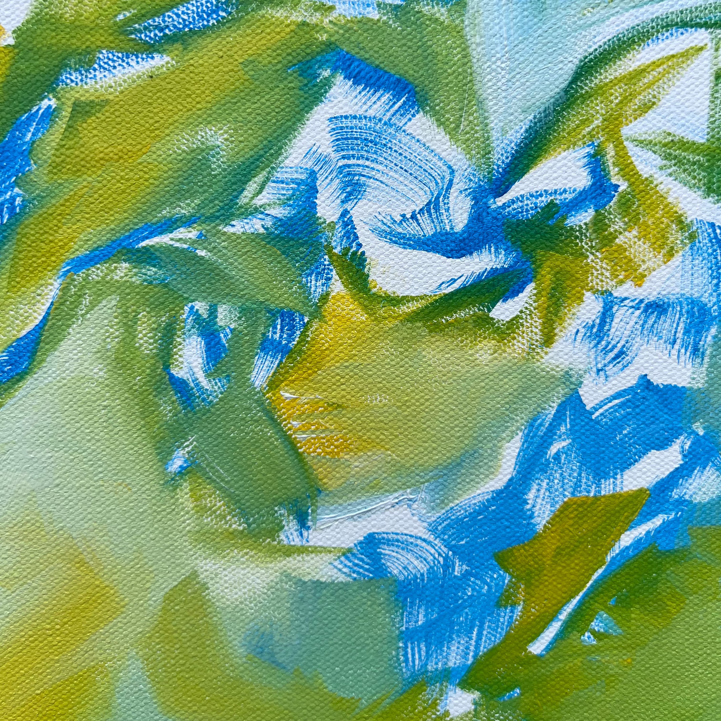 This close-up detail of this original abstract painting shows the quick feathery brushstrokes throughout the composition. Bright yellow blends with blue to soften and create a seafoam green.