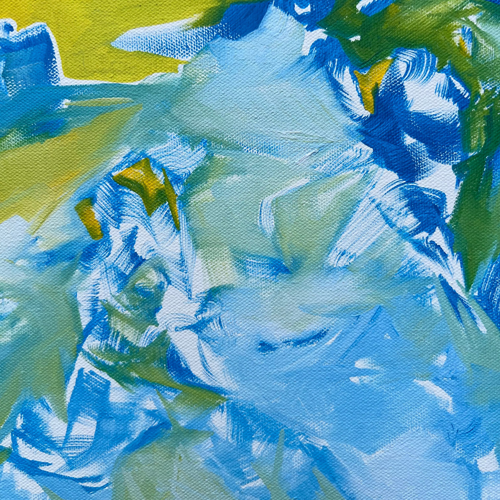Close-up detail of non-objective abstract painting with white blending to create a soft and foggy form with feathery lines gesturing around and within its composition.
