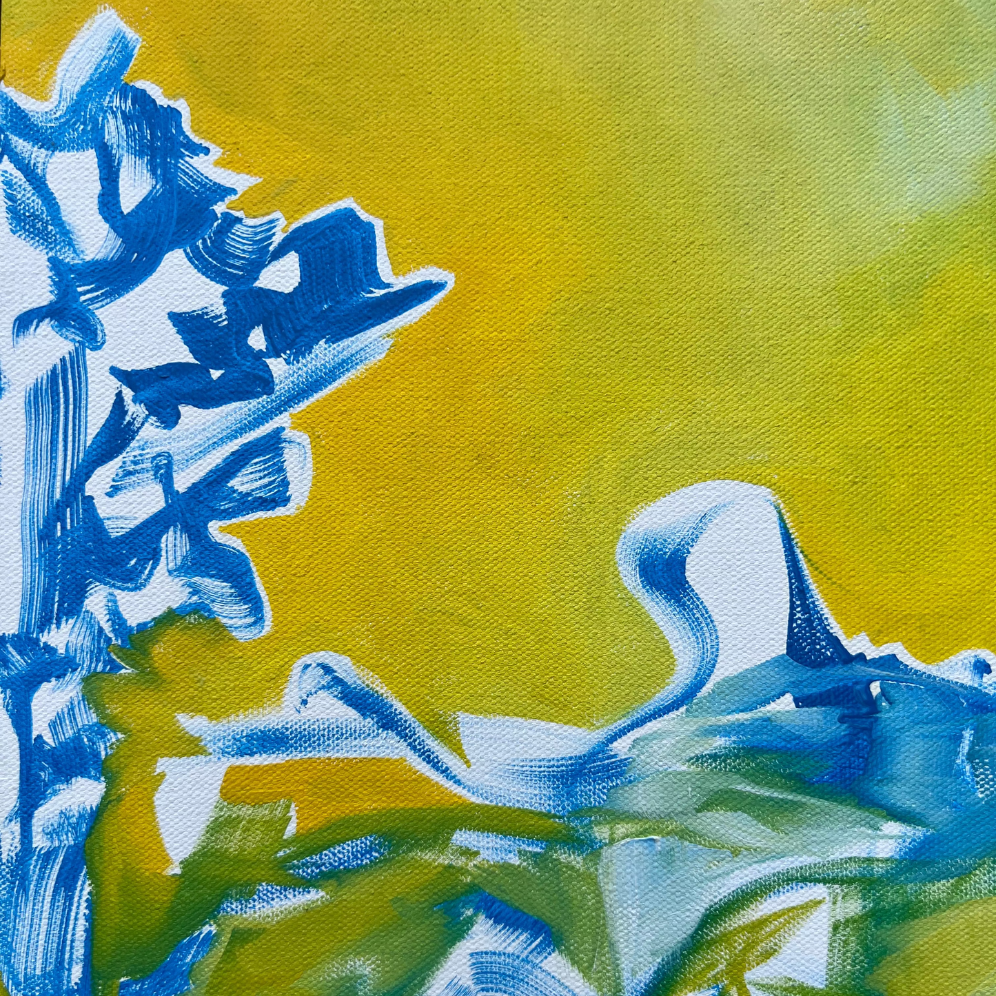Close-up detail of abstract original oil painting with bright yellow and blue lines and raw canvas shining through to show the contrast of form and gesture.
