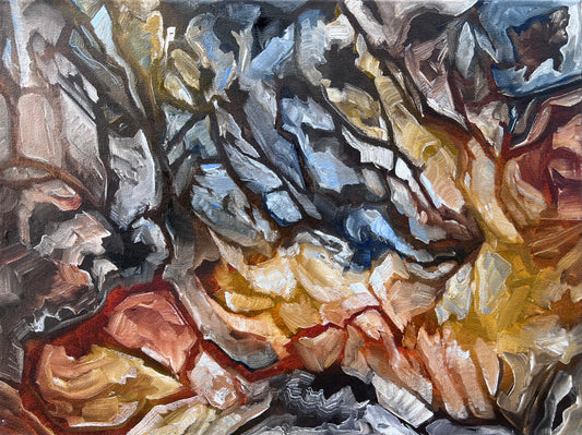 Dramatic gestural lines of forest and branching like forms grace this earth-toned abstract alla prima painting. Tonality created by white tint, visible brush strokes create texture and interest. Petite in size measuring twelve inches by sixteen inches, its scale is versatile for many spaces and neutral coloration make it adaptable.