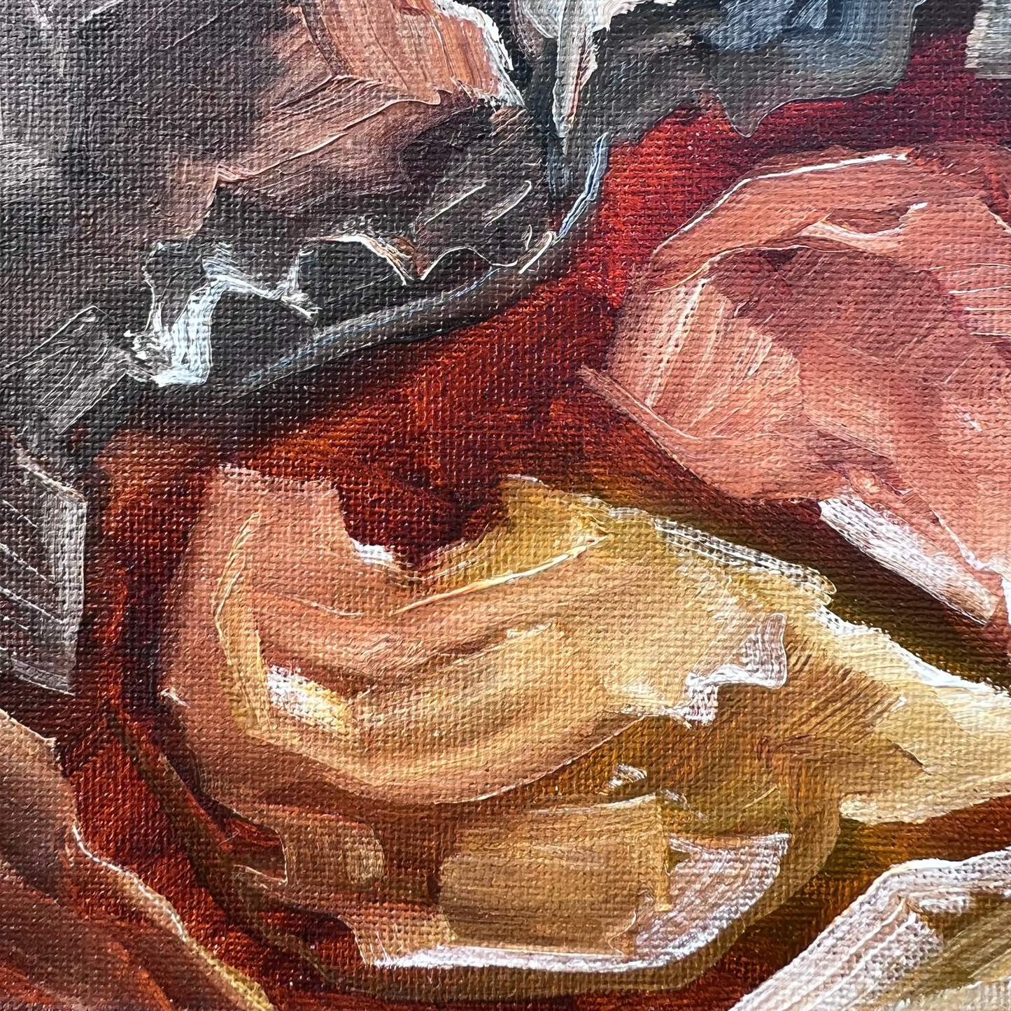 Dramatic gestural lines of forest and branching like forms grace this earth-toned abstract alla prima painting. Tonality created by white tint, visible brush strokes create texture and interest. Petite in size measuring twelve inches by sixteen inches, its scale is versatile for many spaces and neutral coloration make it adaptable.