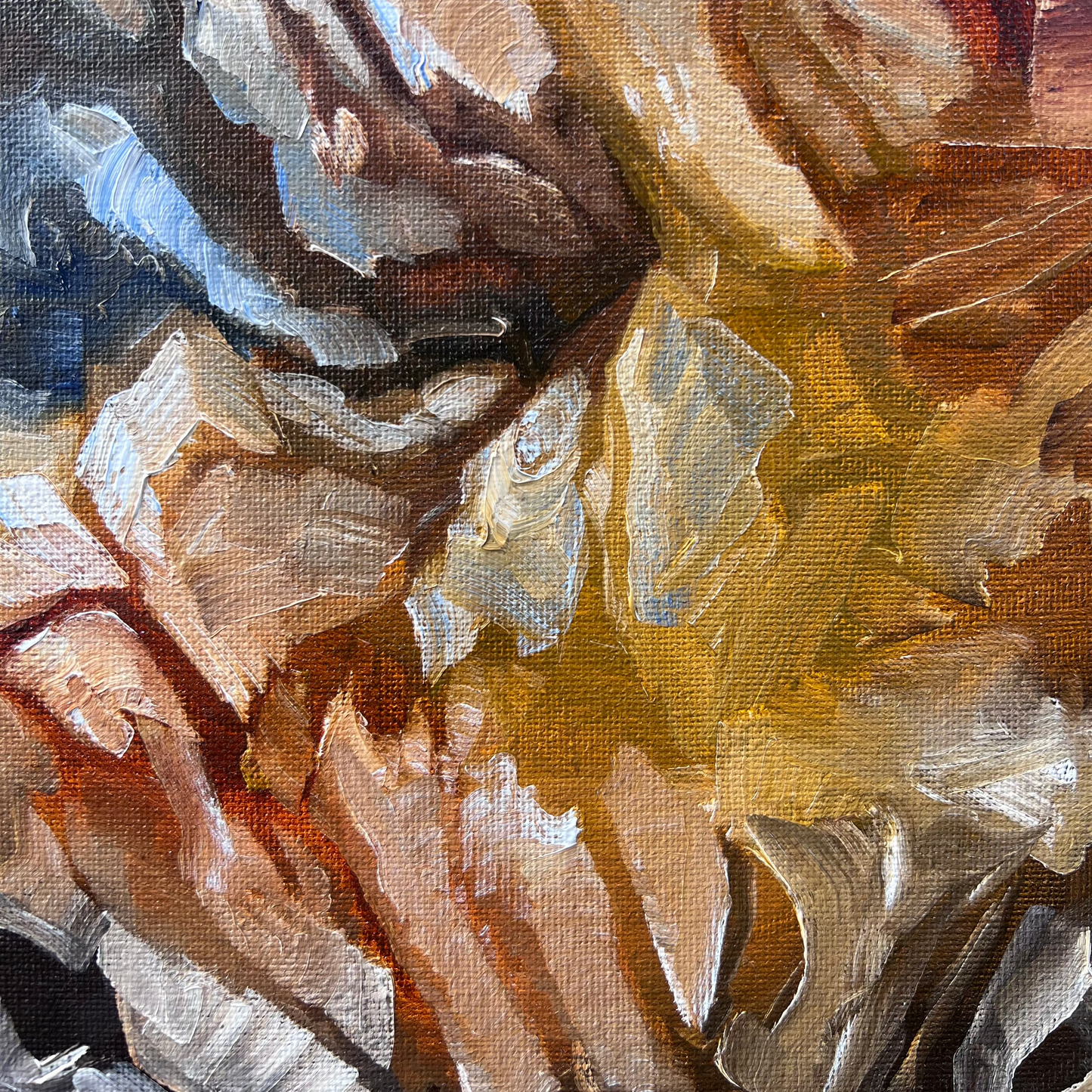 Dramatic gestural lines of forest and branching like forms grace this earth-toned abstract alla prima painting. Tonality created by white tint, visible brush strokes create texture and interest. Petite in size measuring twelve inches by sixteen inches, its scale is versatile for many spaces and neutral coloration make it adaptable.