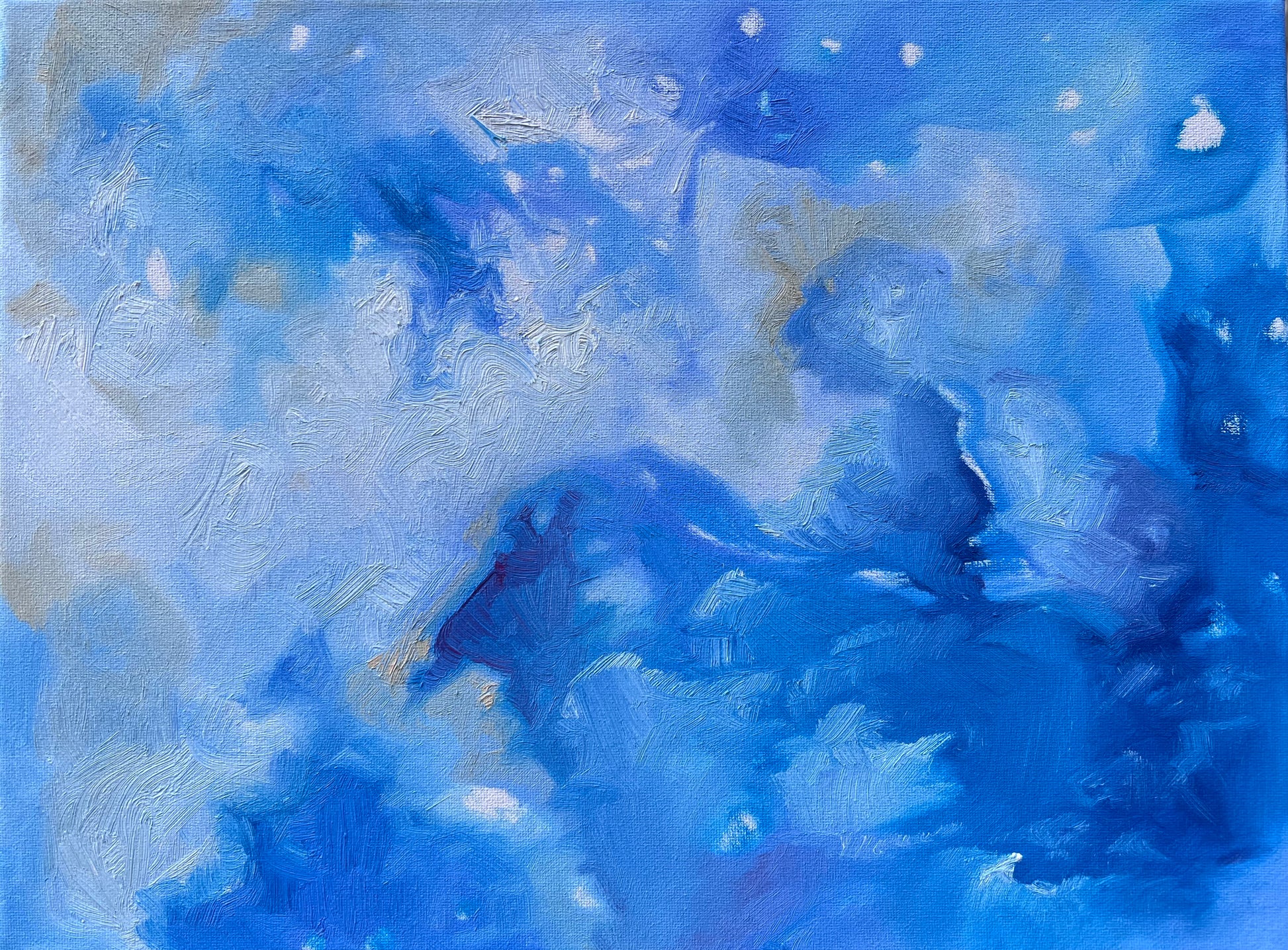 Alla prima original oil painting featuring bright blues and subtle yellow and white cloud like forms. Textured brushstrokes and details bring interest to the subtle and uniform composition.Versatile in scale, measuring sixteen inches by twelve inches, this medium piece is wired and ready for display in any space.