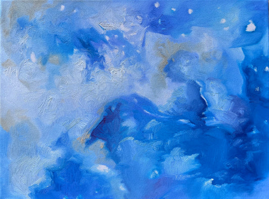 Alla prima original oil painting featuring bright blues and subtle yellow and white cloud like forms. Textured brushstrokes and details bring interest to the subtle and uniform composition.Versatile in scale, measuring sixteen inches by twelve inches, this medium piece is wired and ready for display in any space.