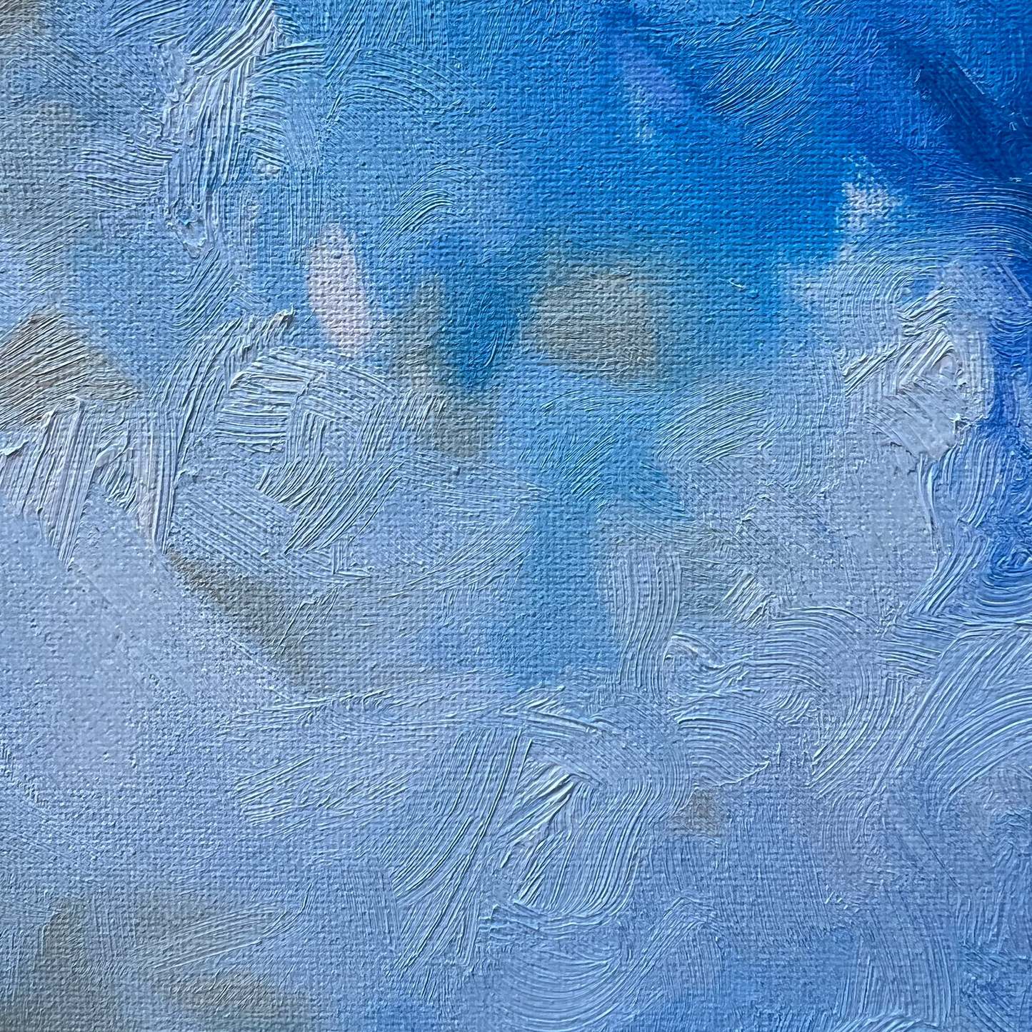 Alla prima original oil painting featuring bright blues and subtle yellow and white cloud like forms. Textured brushstrokes and details bring interest to the subtle and uniform composition.Versatile in scale, measuring sixteen inches by twelve inches, this medium piece is wired and ready for display in any space.