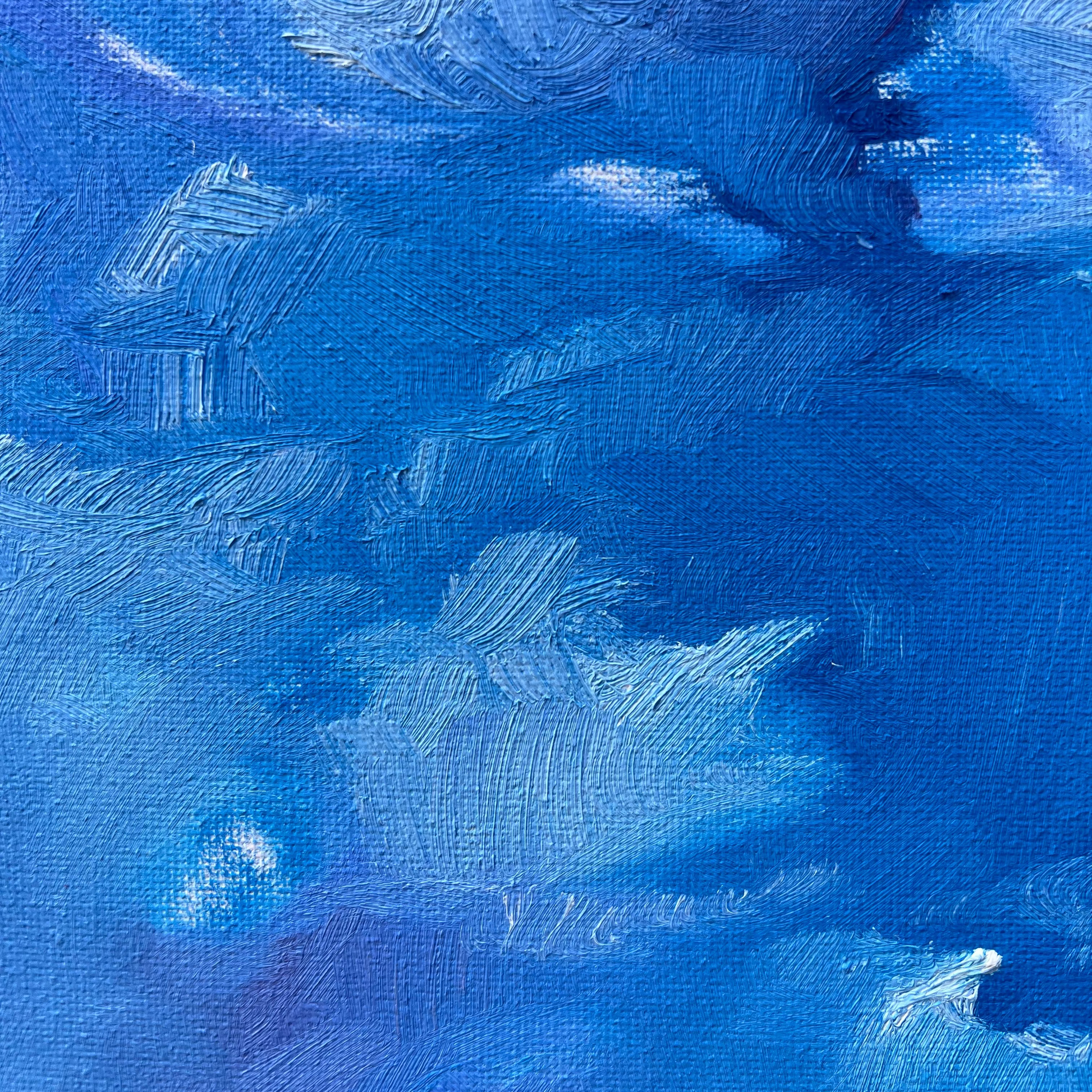 Alla prima original oil painting featuring bright blues and subtle yellow and white cloud like forms. Textured brushstrokes and details bring interest to the subtle and uniform composition.Versatile in scale, measuring sixteen inches by twelve inches, this medium piece is wired and ready for display in any space.