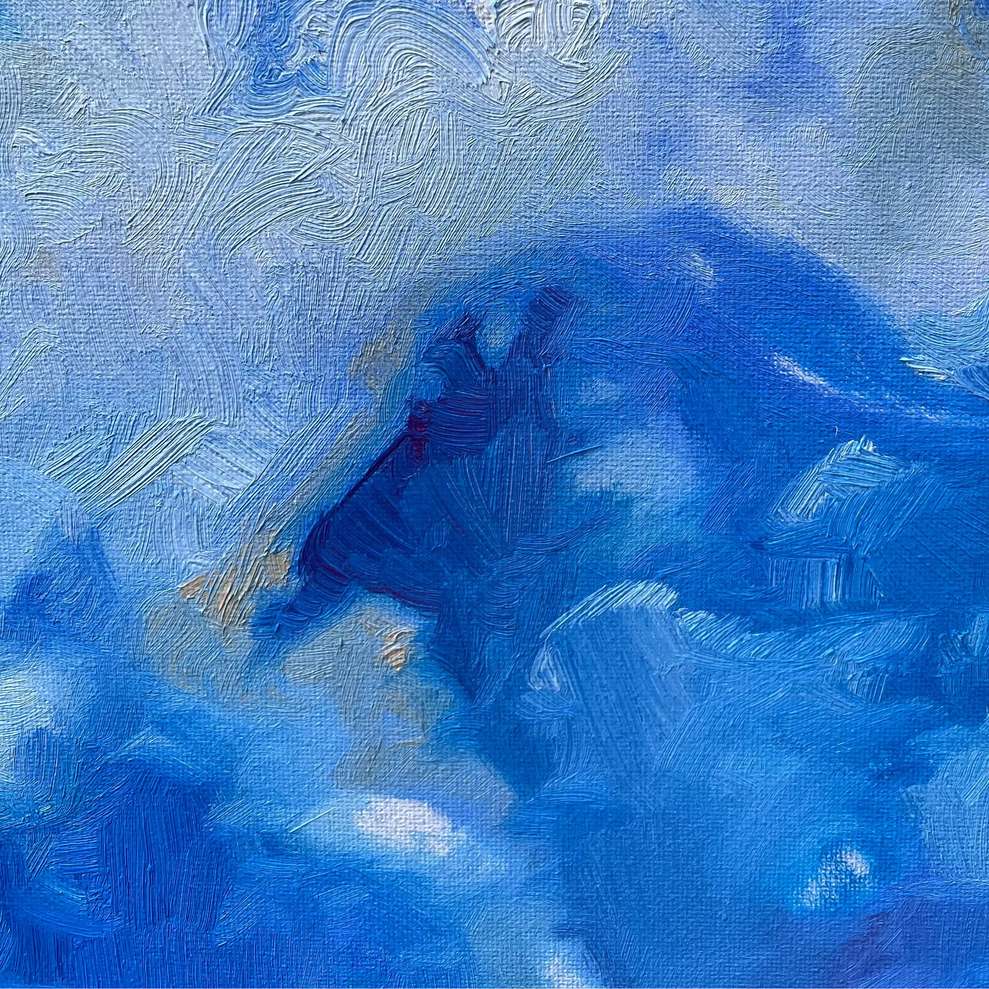 Alla prima original oil painting featuring bright blues and subtle yellow and white cloud like forms. Textured brushstrokes and details bring interest to the subtle and uniform composition.Versatile in scale, measuring sixteen inches by twelve inches, this medium piece is wired and ready for display in any space.