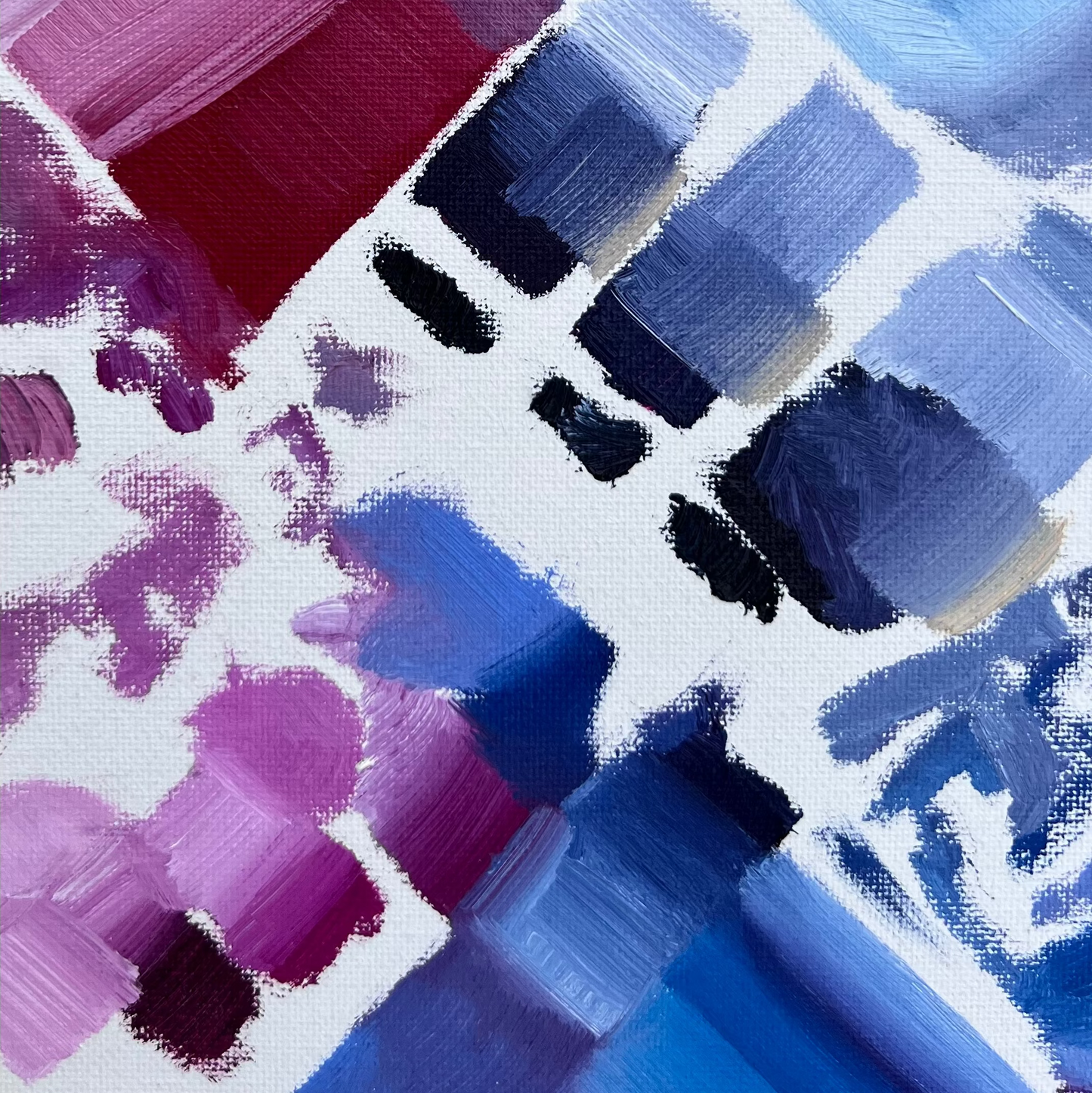 Collage of various shades of blue, purple, and red with abstract brush strokes.