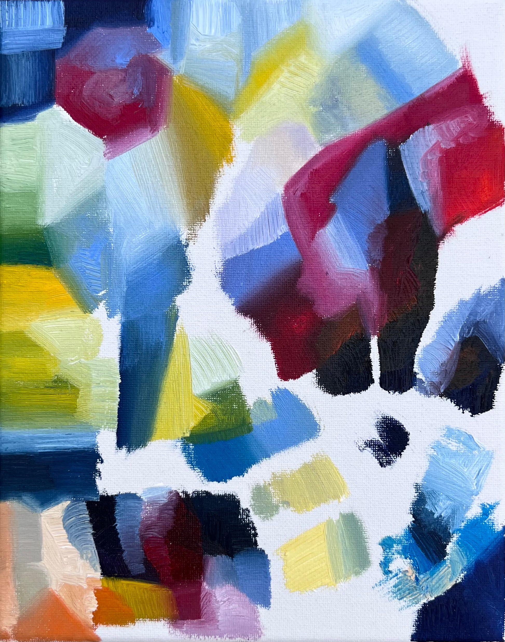 small abstract oil painting featuring bold, blended and soothing gestural movement. Reds, greens, yellows and blues move together in soothing ways. Color swatches made in process create an interest of value and texture with visible brush strokes throughout. Petite painting measuring ten inches by eight inches. Wired and ready for display.
