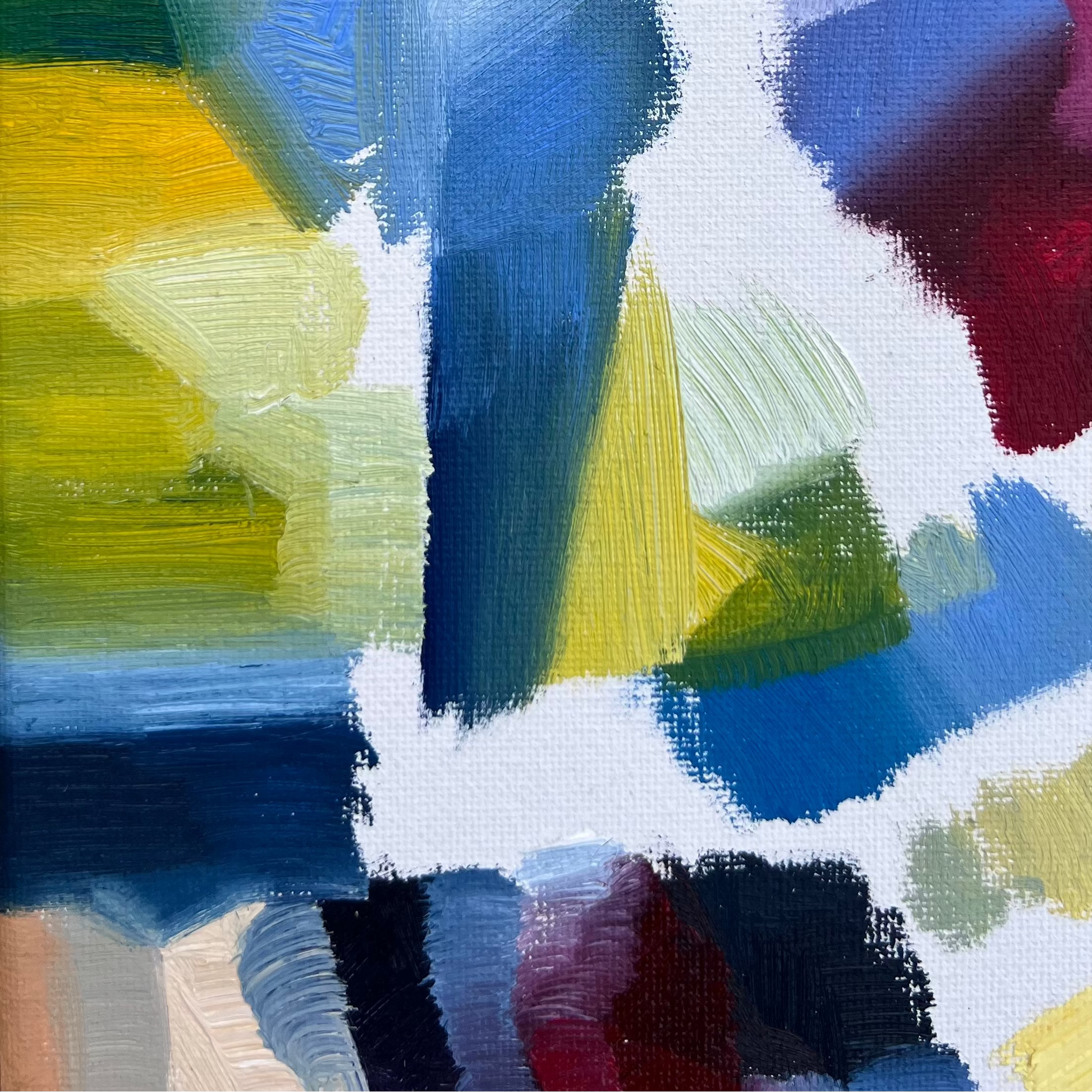 greens and blues show blending process in this detail of a small non-objective abstract painting measuring ten by eight inches.