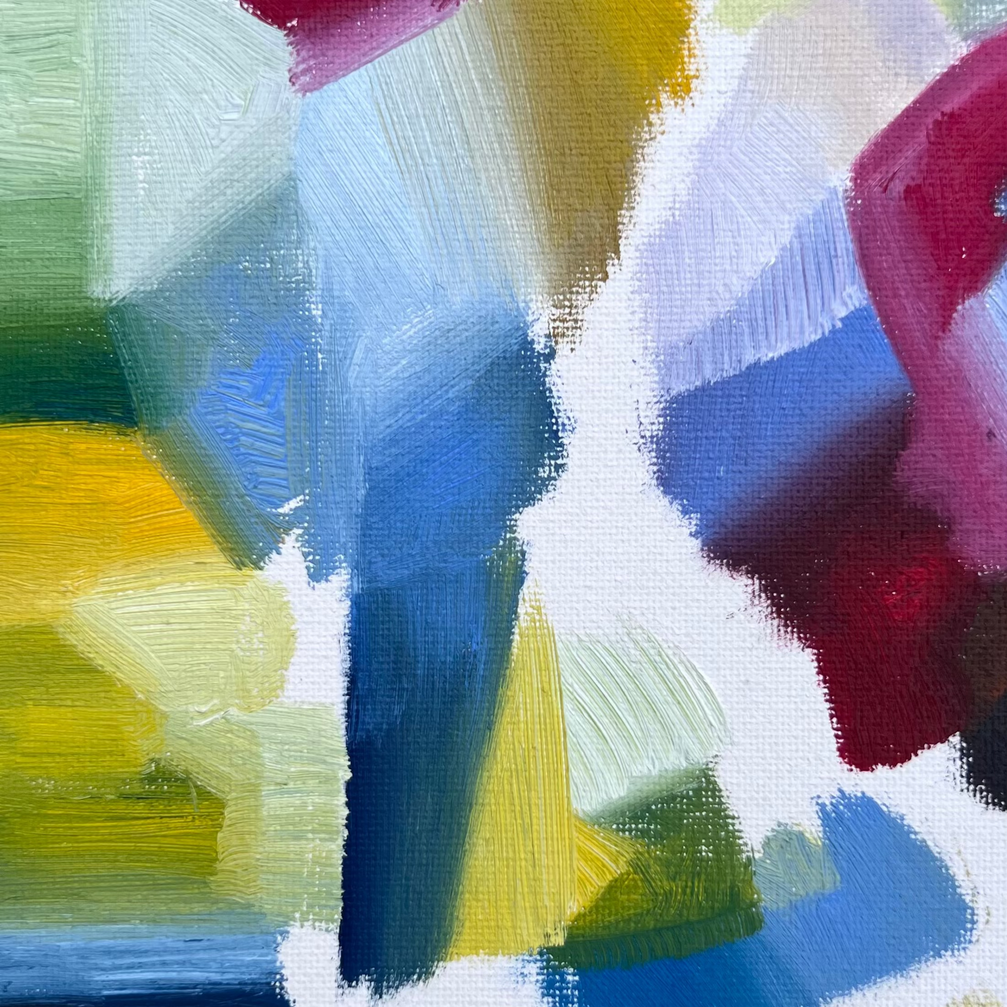 Non-objective abstract painting detail featuring bright blue, greens and reds with various hues throughout.Visible brush strokes create interest and blended process creates depth with various values visible.