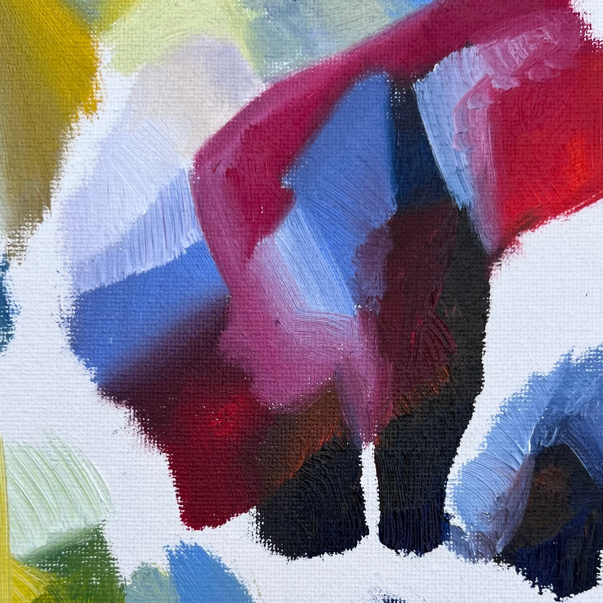 non-objective abstract oil painting featuring blended red, blue and dark navy. Intense contrast of values creates depth and interest with visible brushstrokes adding complexity to the simple and understated composition. Detail of a small painting measuring ten by eight inches and ready for display with wire.