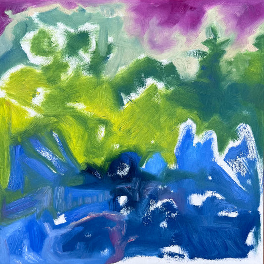 Abstract landscape featuring purples, greens and blues this small painting can fit in any collection.