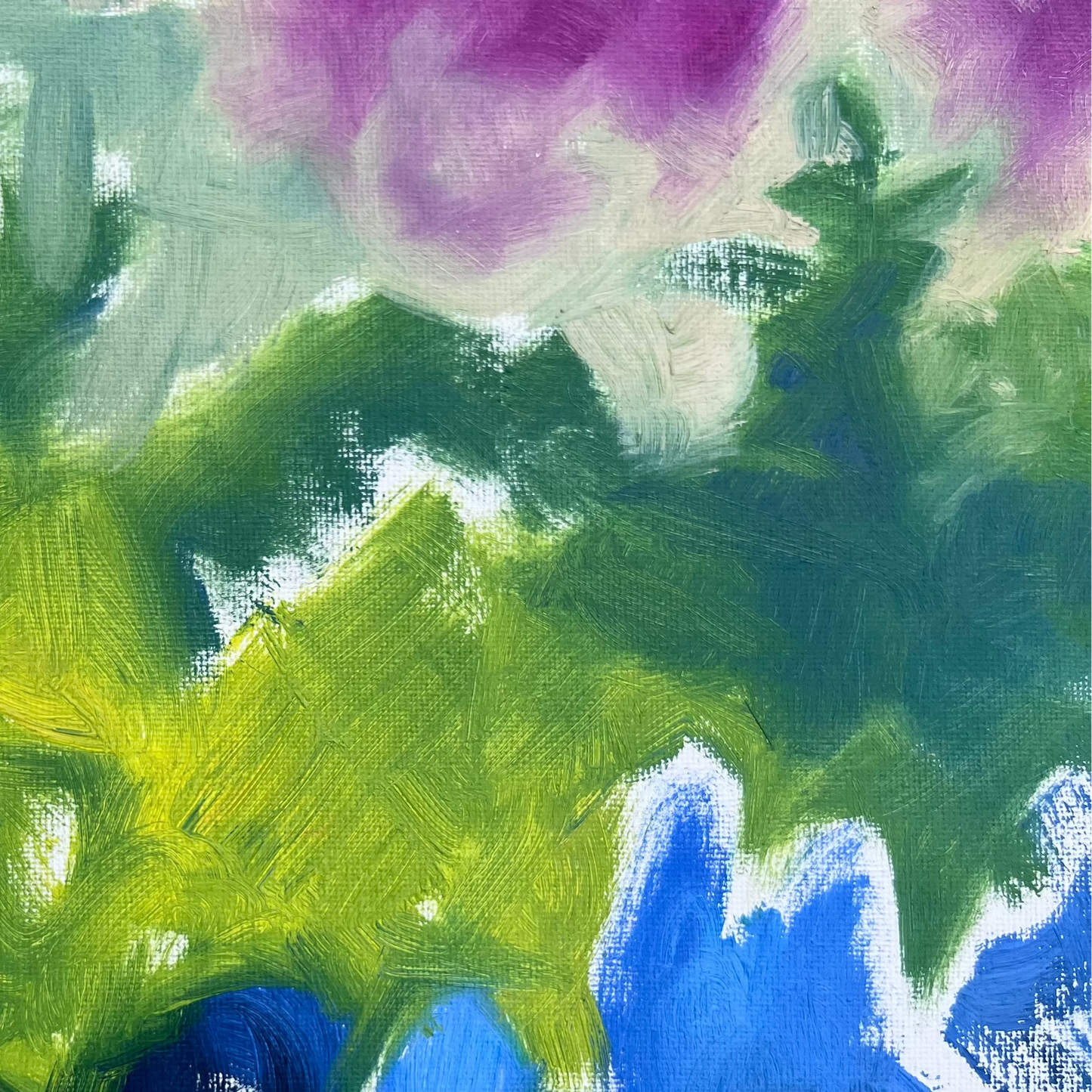 Close up detail of the tree line on this petite original oil painting with purple sky. Dark green shadows indicate a transition of day with the gestural lines and detail showing the strokes of this little painting. 