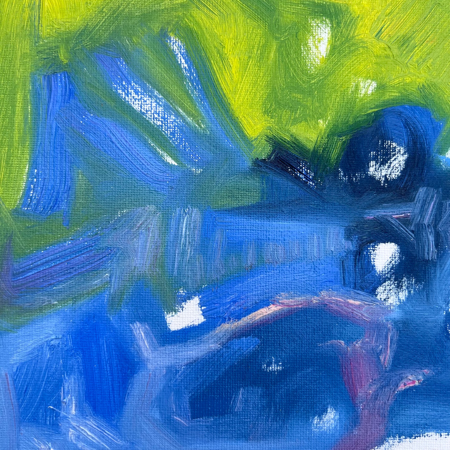 Close-up detail of abstract landscape painting shows the detail and gesture of lines throughout the composition. Bright blue and yellow highlights with subtle purple details.